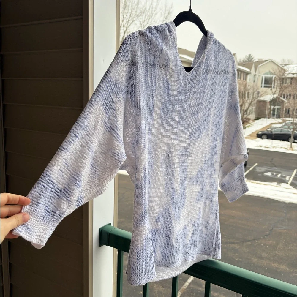 🆕 Sioni BlueWhite Open Knit Hoodie Sweater Size M Lightweight Sheer Pullover Top - Picture 5 of 13